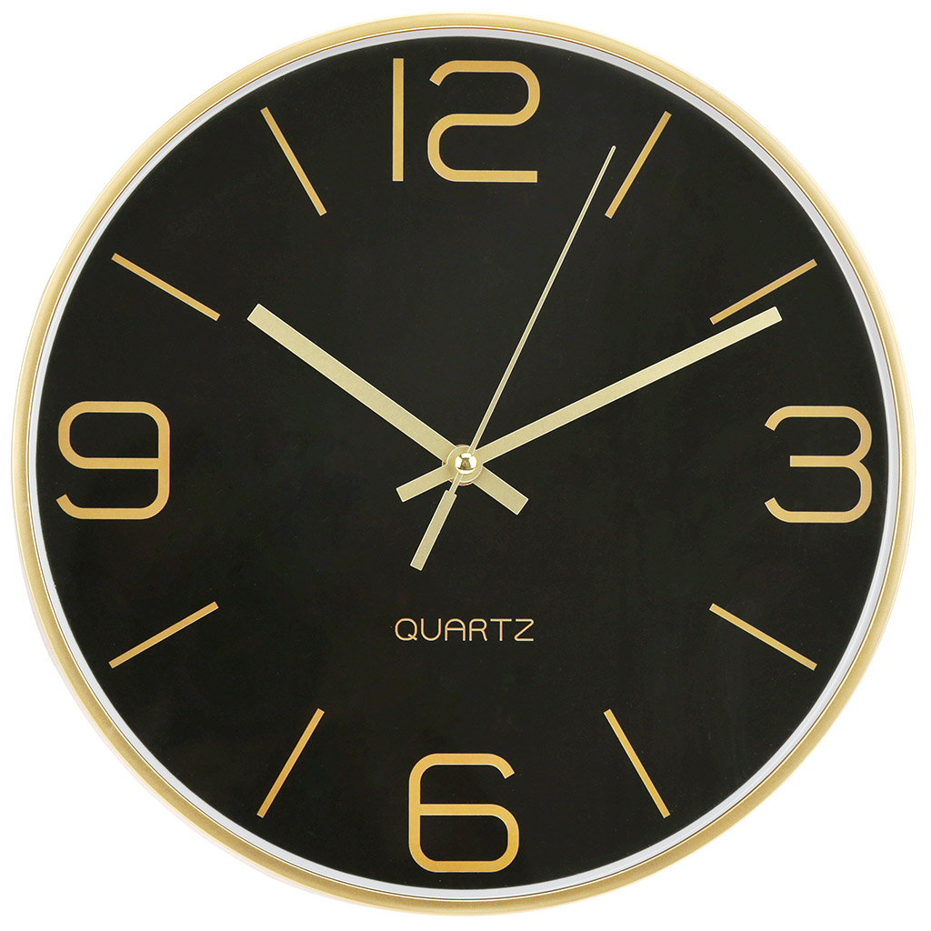 Часы настенные "Меркурий" д30х4,4см, мягкий ход, циферблат черный, пластм. золотой, в коробке (Китай)