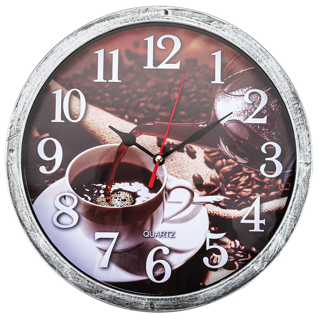 Часы настенные "Кофе тайм" д24,5х3,9см, циферблат фотопечать - микс, пластм. серебро под старину, в коробке (Китай)