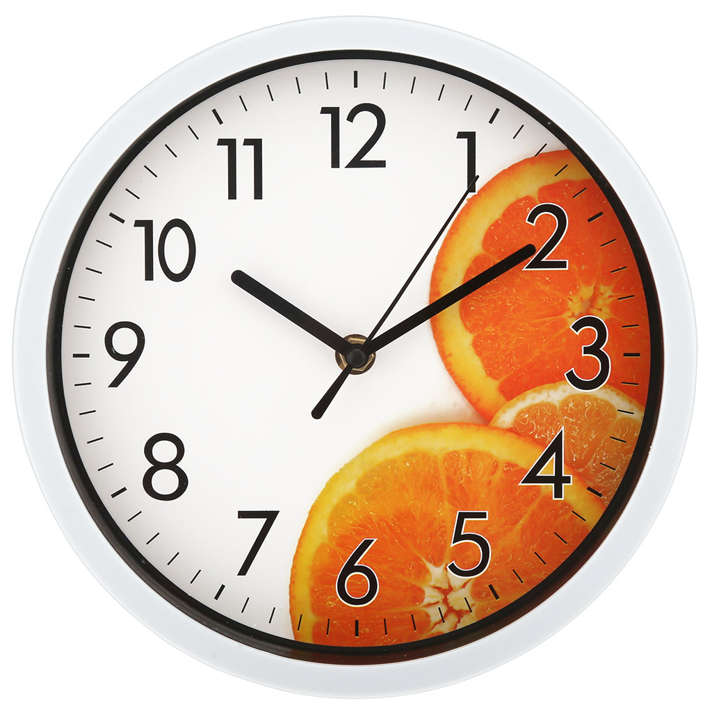 Часы настенные "Апельсин" д22,5х4,4см, мягкий ход, циферблат фотопечать, пластм. белый, в коробке (Китай)