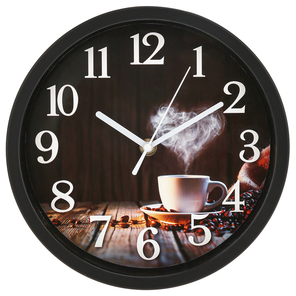 Часы настенные "Кофе тайм" д22,5х4,4см, мягкий ход, циферблат фотопечать, пластм. черный, в коробке (Китай)