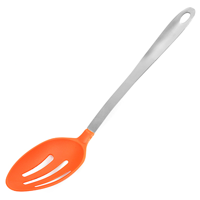 Ложка гарнирная для тефлоновой посуды пластмассовая "Оранж"  35см, ручка из нержавеющей стали, с прорезями (Китай)