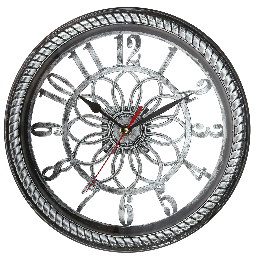 Часы настенные "Астра" д30х4,4см, циферблат серебро, пластм. серебро под старину, в коробке (Китай)