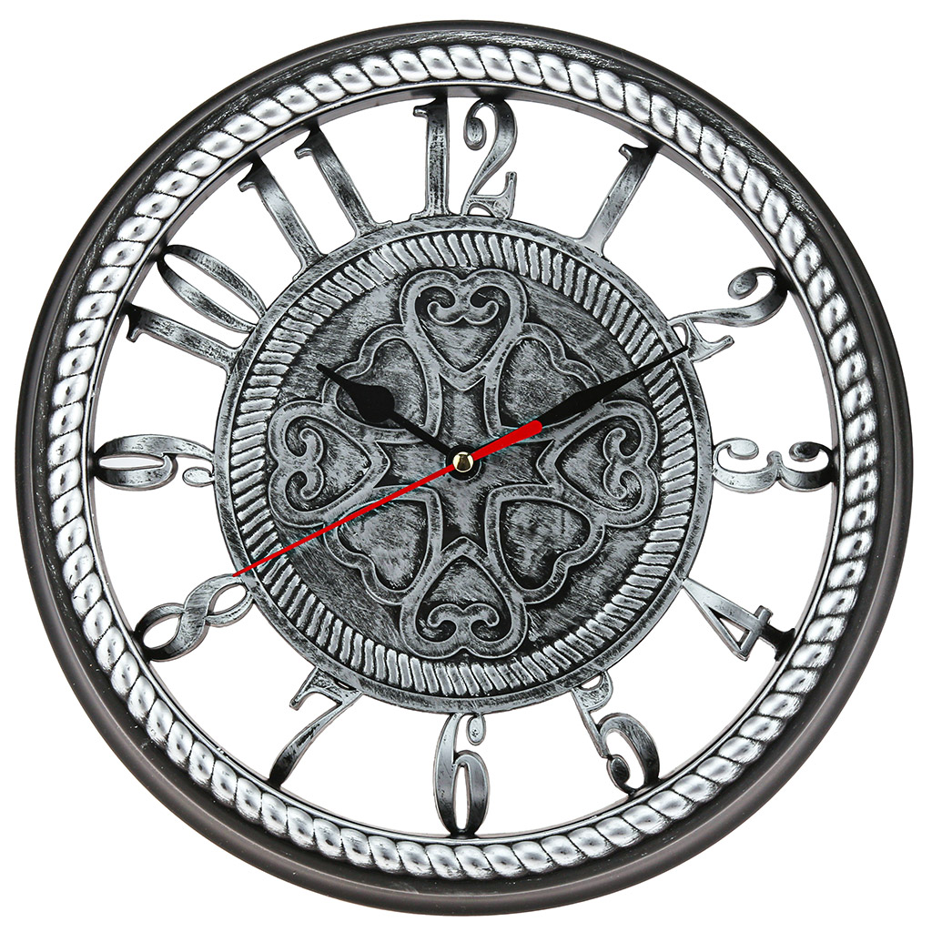 Часы настенные "Любовь" д24,5х4,4см, циферблат серебро, пластм. серебро под старину, в коробке (Китай)
