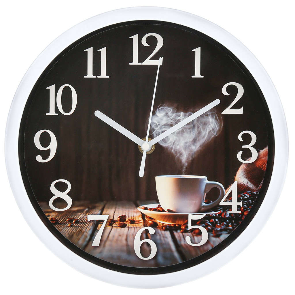 Часы настенные "Кофе тайм" д22,5х4,4см, мягкий ход, циферблат фотопечать, пластм. белый, в коробке (Китай)