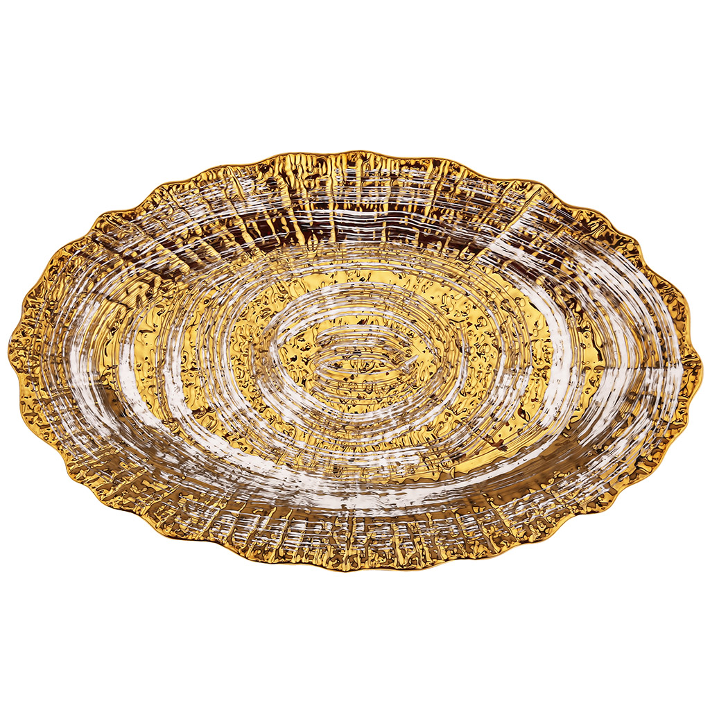 Блюдо "Золото" овальное фарфоровое 313х189х29мм, интерьерное, рельефный декор, с золотом, волнистый край (Китай)