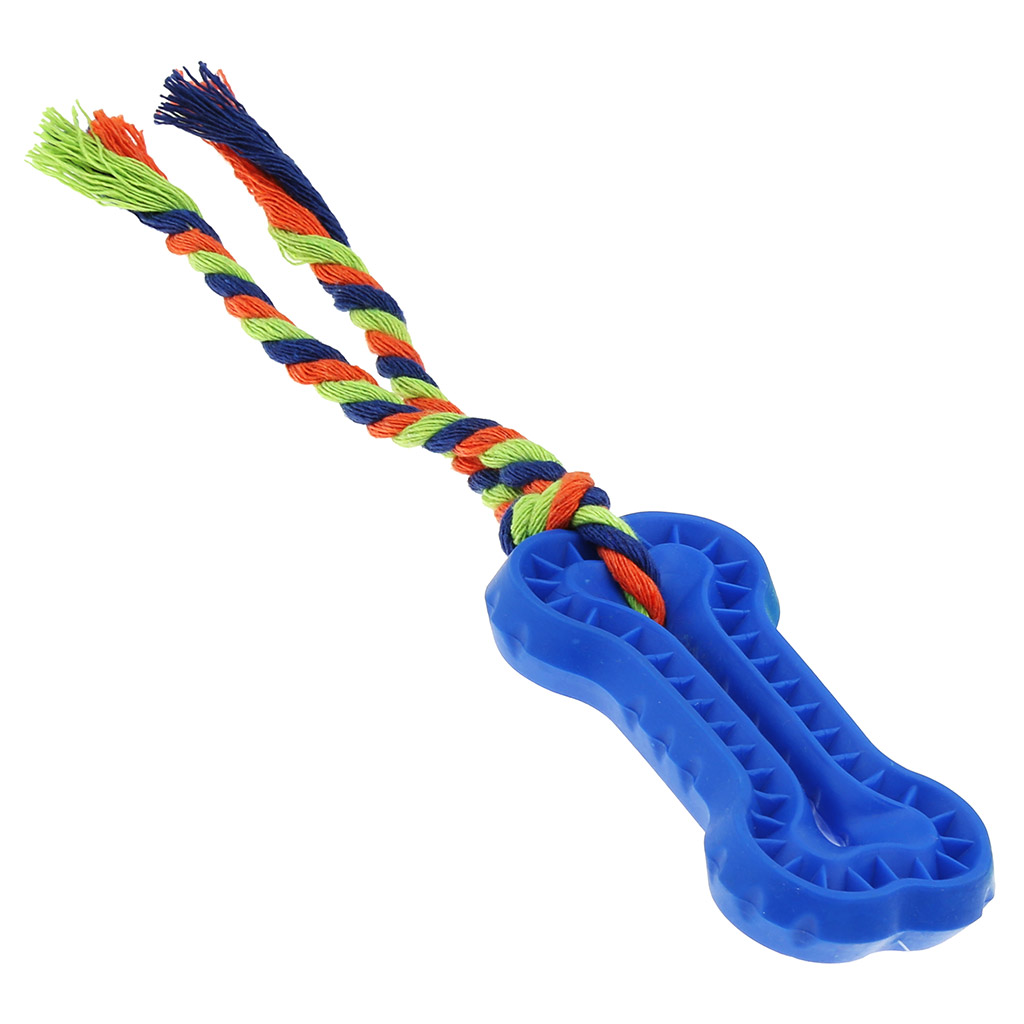Игрушка для собаки "Косточка" 11х5,5см h1,5см, общий размер 25,5х5,5х1,5см, резиновая, с веревкой, на картоне, цвета в ассортименте: синий, зеленый, коралловый (Китай) "Пэт тойс (Pet toys)"