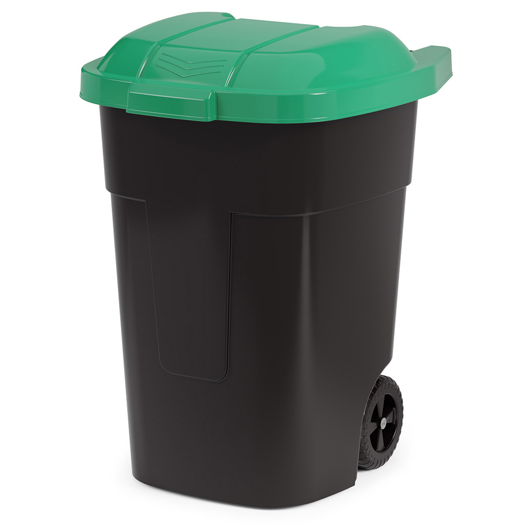 Бак-контейнер для мусора пластмассовый "Универсальный" 240л, 76х55,5х106см, на колесах, откидная крышка, черно-зеленый (Россия)