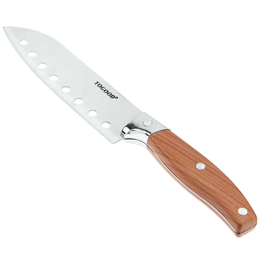 Нож кухонный "Форест" 160мм из нержавеющей стали, широкое лезвие с отверстиями, пластмассовая ручка под дерево, в блистере (Китай)
