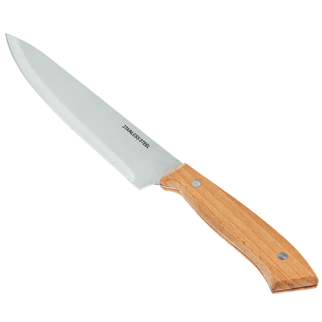 Нож кухонный "Орех" 185мм из нержавеющей стали, широкое лезвие, деревянная ручка, в блистере (Китай)
