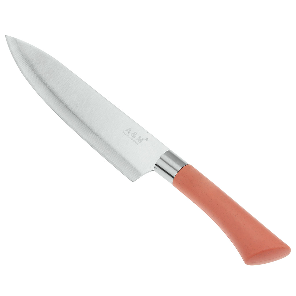 Нож кухонный "Мрамор" 195мм из нержавеющей стали, широкое лезвие, пластмассовая ручка, цвета в ассортименте: бежевый, коралловый, в блистере (Китай)