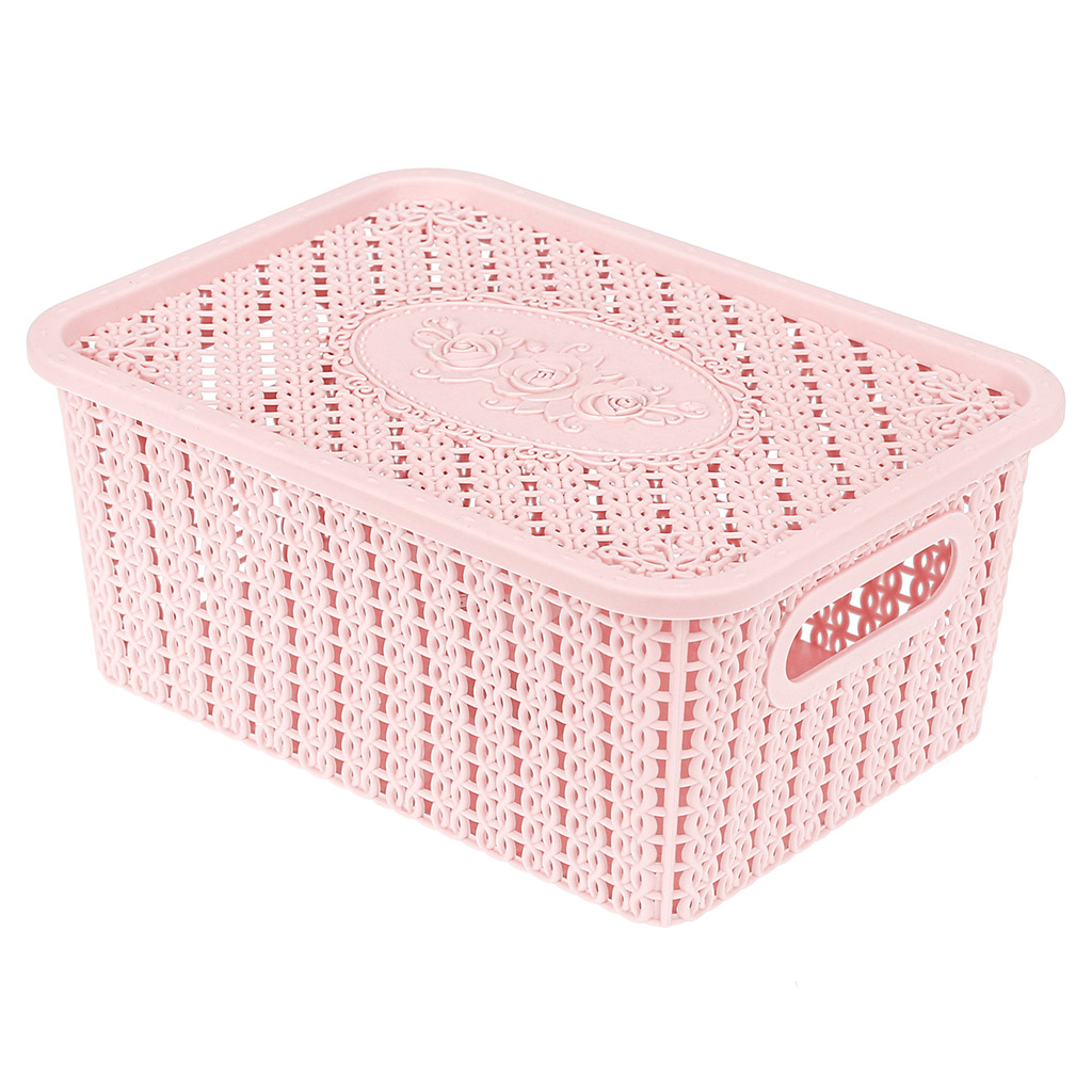 Корзина-ящик пластмассовая для хранения "Вязанка-Розы" 24х17,5см h10,5см, с крышкой, с ручками розовый (Китай) "Домашняя мода"