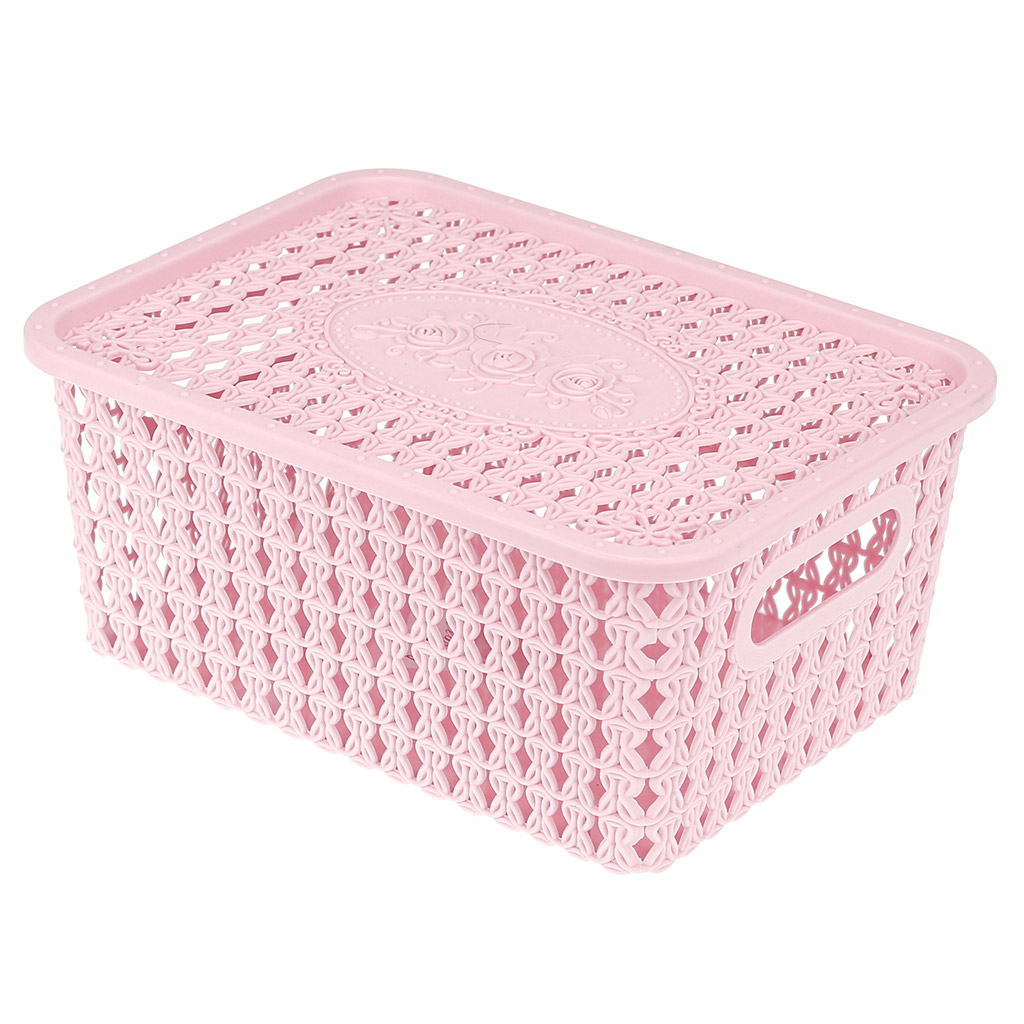 Корзина-ящик пластмассовая для хранения "Вязанка-Розы" 24х17,5см h10,5см, с крышкой, с ручками розовый (Китай) "Домашняя мода"