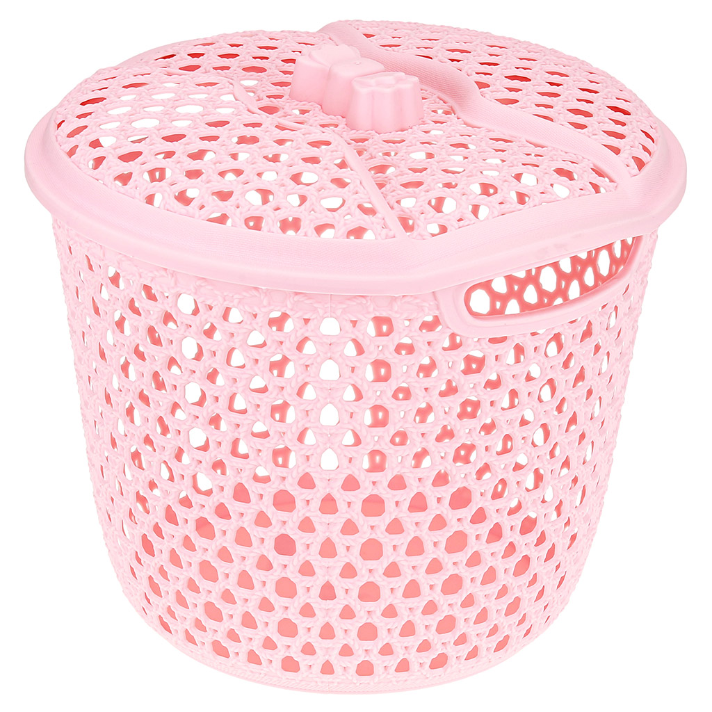 Корзина пластмассовая для хранения "Вологжанка" д26см h23см, с крышкой, с ручками розовый (Китай) "Домашняя мода"