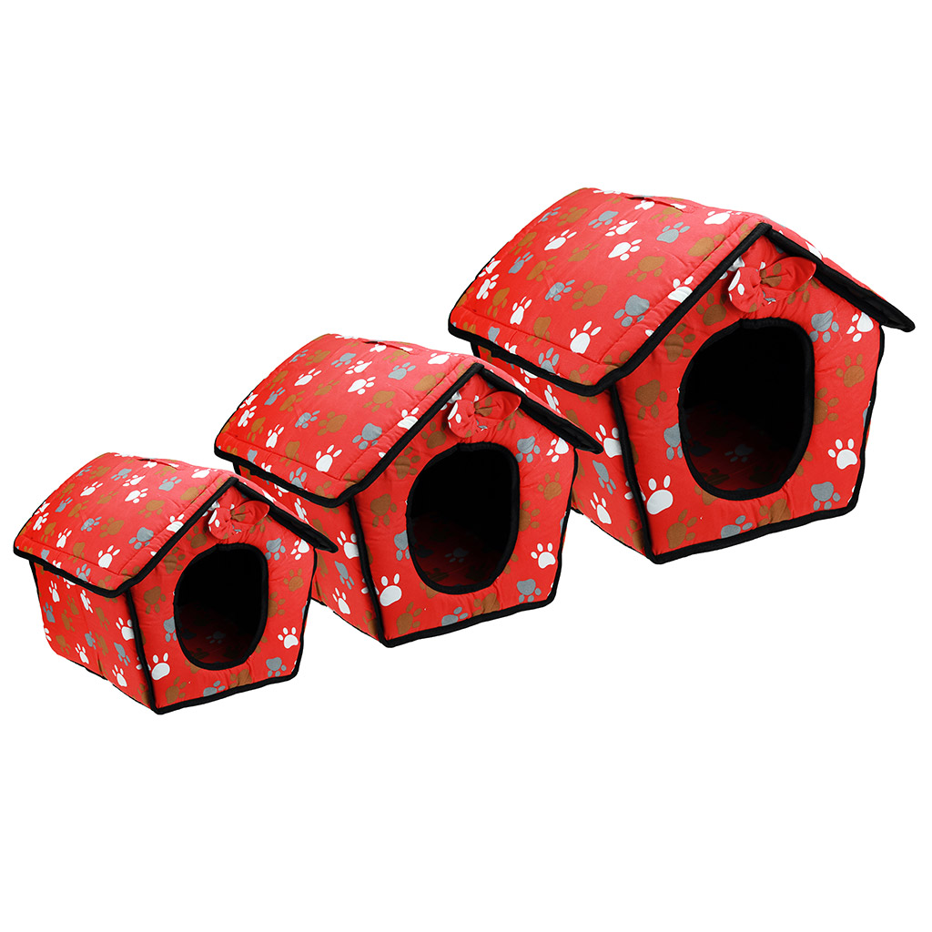 Домик для кошек и собак набор 3шт: 42,5х40х37см, 37х25х31см, 31,5х23х25см "Лапки" ткань, поролон, на молнии, складной, красный (Китай)