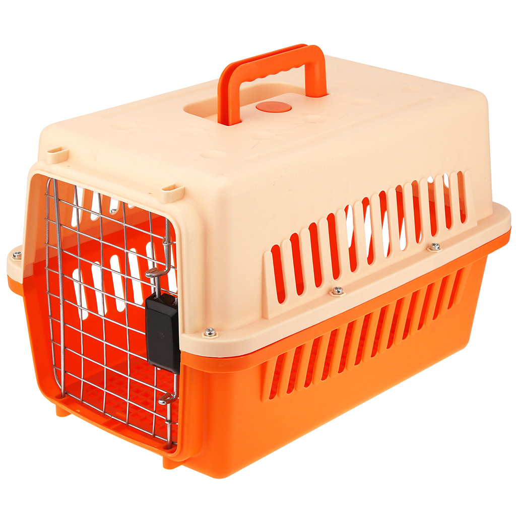 Корзина для переноски домашних животных пластмассовая 48х30х30см, с металлической дверцей, оранжевый (Китай) (продается в разобранном виде)