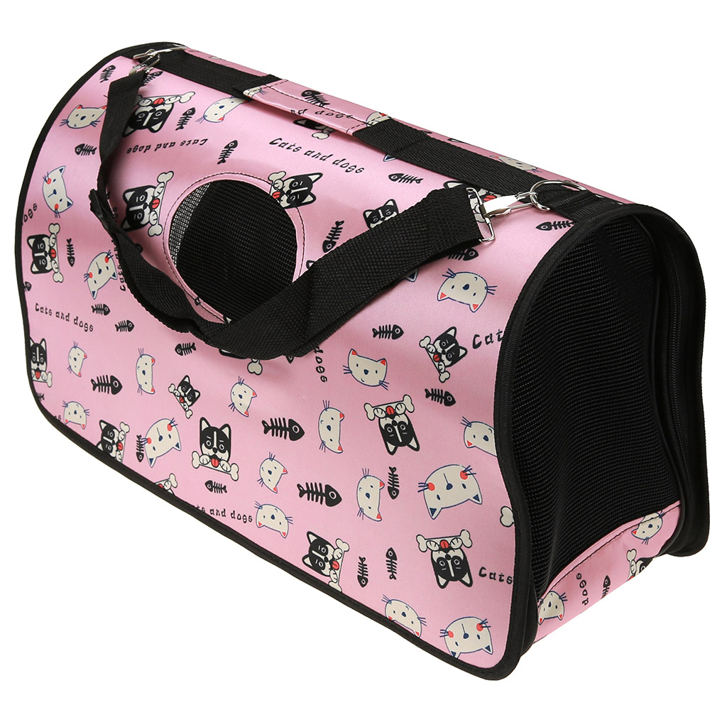 Сумка-переноска для кошек и собак 52х22х29см, ткань с пропиткой, пластмасса, на молнии, с ремешком, складная "Друзья" розовый (Китай)