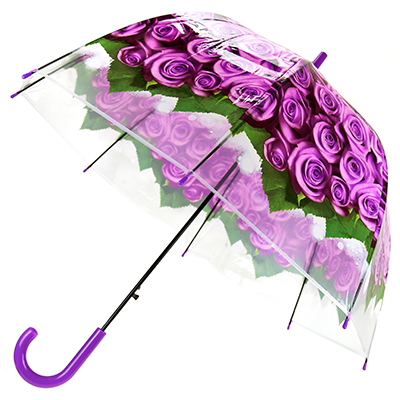 Зонт-трость полуавтомат "Розы" ПВХ, фотопечать, 8 лучей, д/купола 78см, 80см в сложенном виде, пластмассовая ручка, прозрачный, фиолетовый, 360гр (Китай)