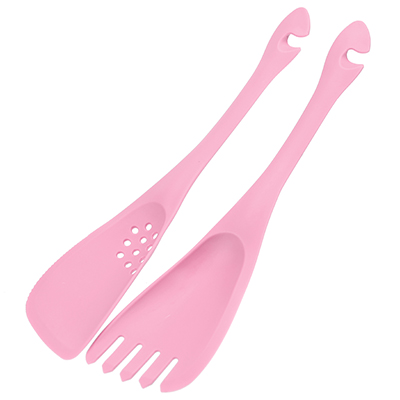 Кухонный набор для тефлоновой посуды пластмассовый  2 предмета: вилка для салата 30см, лопатка с прорезями 30см, пластмассовая ручка, розовый (Китай)