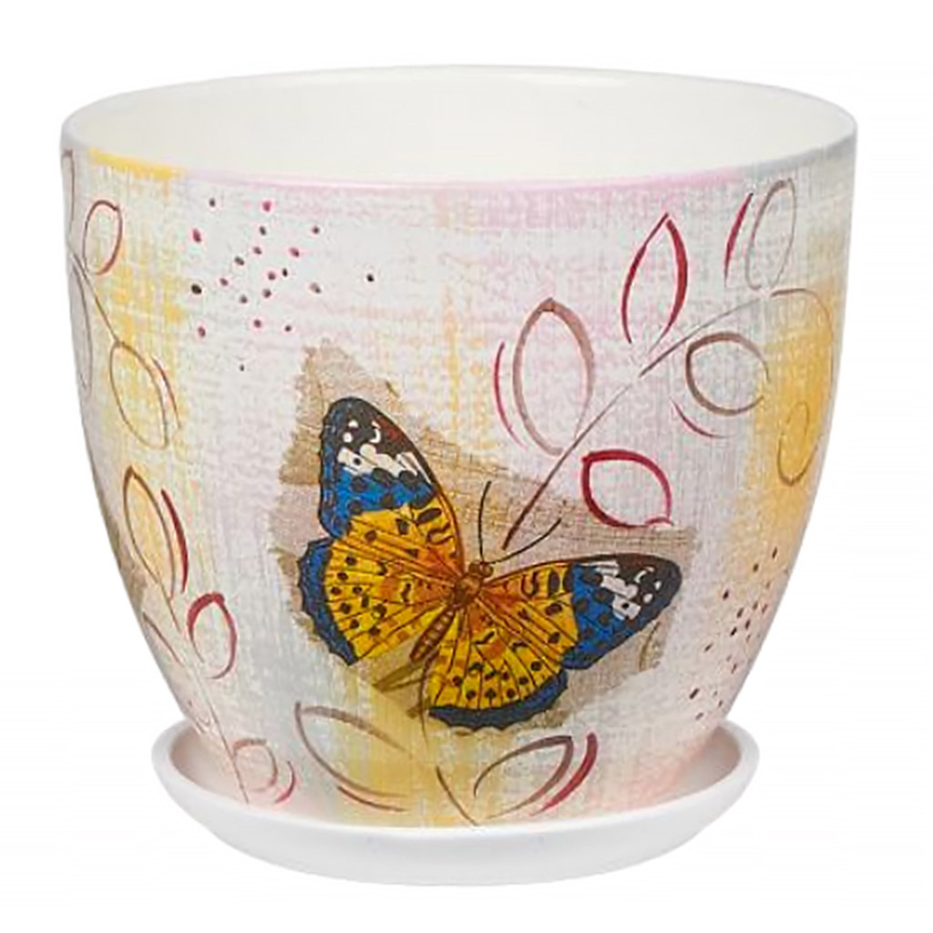 Горшок для цветов керамический "Винтаж. Бабочки-2" 0,6л, д12см, h10см, форма "Высокий овал", с поддоном (Россия)