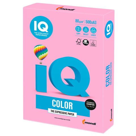 Бумага цветная IQ color БОЛЬШОЙ ФОРМАТ (297х420 мм), А3, 80 г/м2, 500 л., неон, розовая, NEOPI