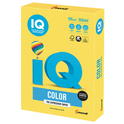 Бумага цветная IQ color, А4, 120 г/м2, 250 л., интенсив, канареечно-желтая, CY39