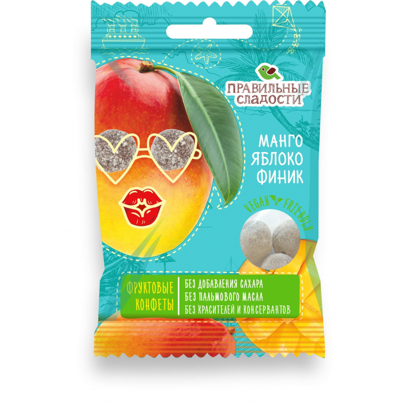Мармелад ПС фруктовые конфеты манго,яблоко,финик, 50г