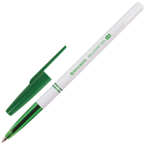 Ручка шариковая BRAUBERG Офисная, ЗЕЛЕНАЯ, корпус белый, узел 1 мм, линия письма 0,5 мм, 141511