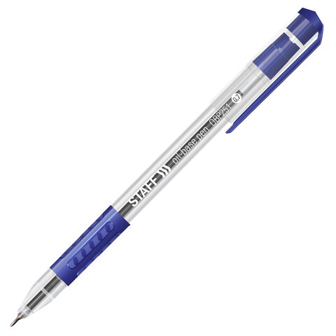 Ручка шариковая масляная с грипом STAFF College OBP-251, СИНЯЯ, корпус прозрачный, линия письма 0,35 мм, 142968