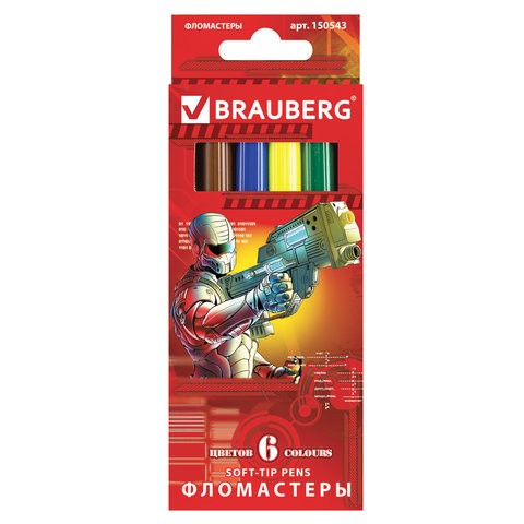 Фломастеры BRAUBERG Star Patrol, 6 цветов, вентилируемый колпачок, картонная упаковка, увеличенный срок службы, 150543