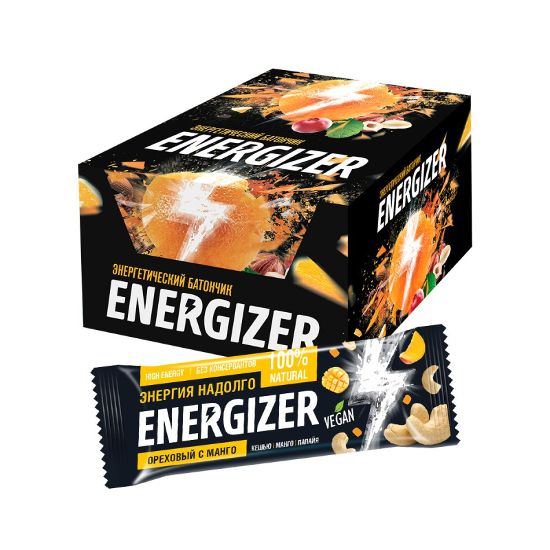 Батончик ореховый Energizer Кешью, манго и папайя, 40гх12шт/уп