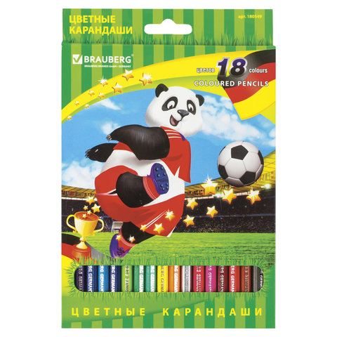 Карандаши цветные BRAUBERG Football match, 18 цветов, заточенные, картонная упаковка, 180549