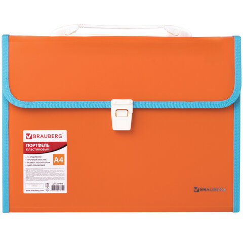 Папка-портфель пластиковая BRAUBERG JOY, А4 (330х245х35 мм), 13 отделений, с окантовкой, оранжевая, 227975