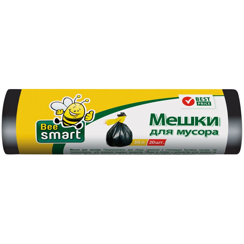 Пакеты для мусора 30л BeeSmart ПНД 47*57см 5мкм 20шт. черные в рулоне