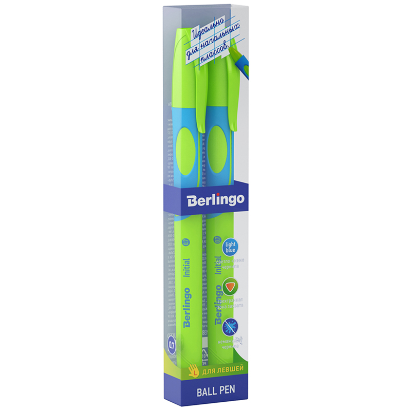 Ручка шариковая Berlingo Initial, для левшей, светло-синяя, 0,7мм, 2шт., PET-пенал с европодвесом