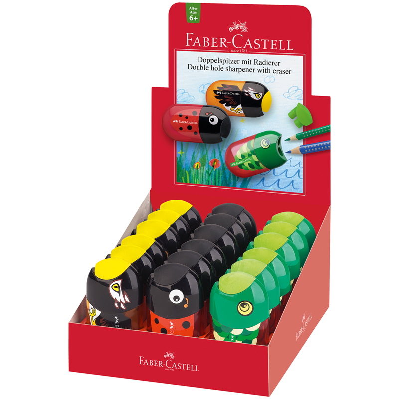 Точилка пластиковая с ластиком Faber-Castell Animals, 2 отверстия, контейнер, ассорти