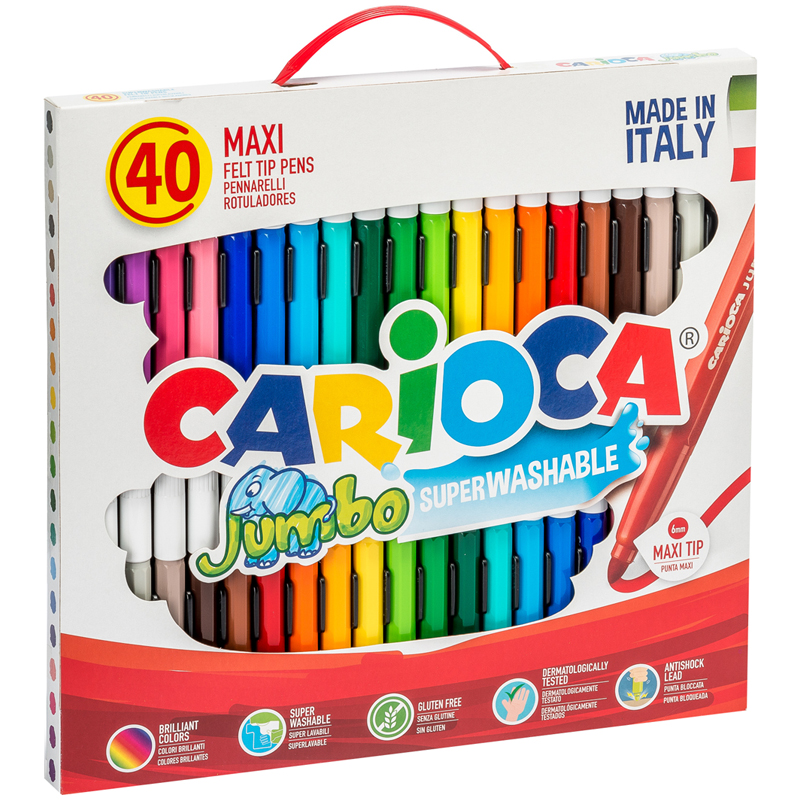 Фломастеры Carioca "Jumbo", 40шт., 36цв., утолщенные, смываемые, картон, с ручкой