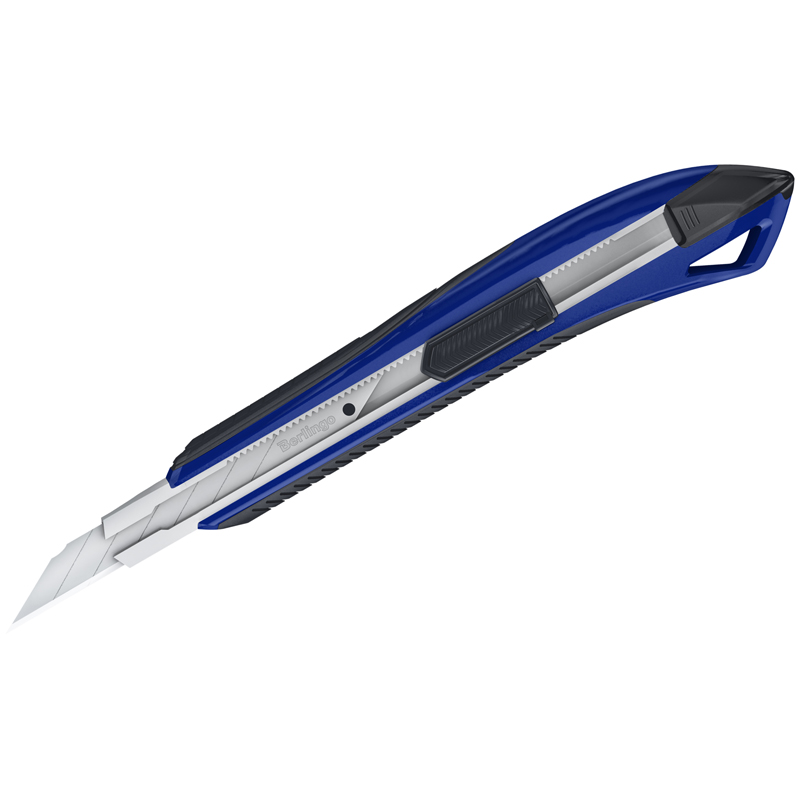 Нож канцелярский 9мм Berlingo Razzor 300, auto-lock, металл. направл., мягкие вставки, синий, европодвес