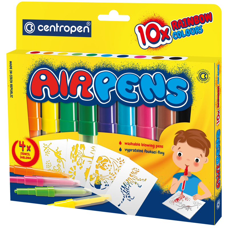 Фломастеры воздушные Centropen "AirPens Rainbow", 10цв.+4 трафарета, картон. упаковка