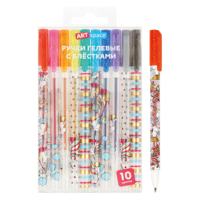 Ручки гелевые 10цв ArtSpace Shiny Unicorn 1,0мм с блестками ПВХ бокс