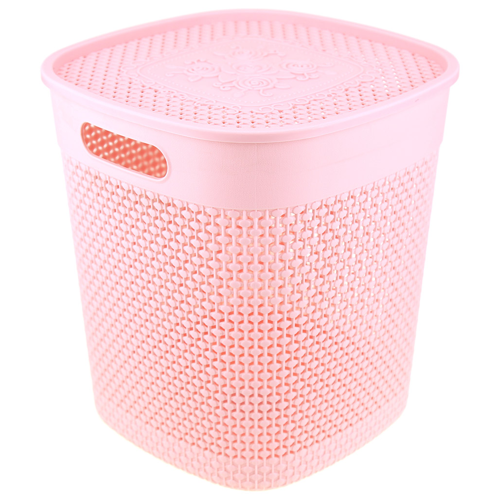 Корзина-ящик пластмассовая "Оренбургская сеточка" 25,5х25,5см h27,5см, крышка с декором, с ручками, розовый (Китай)