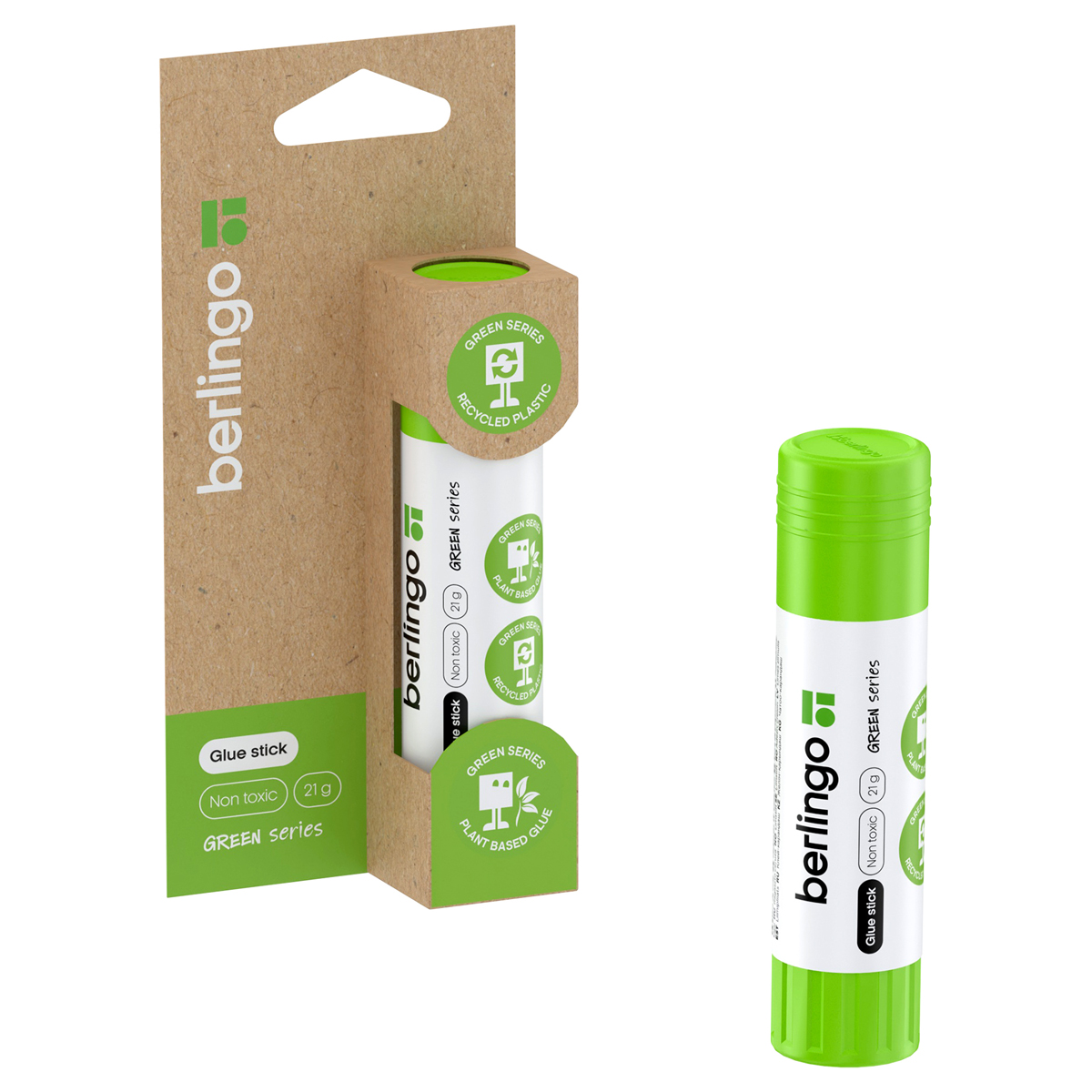 Клей-карандаш Berlingo Green Series, 21г, блистер, европодвес, растительные компоненты (крахмал)