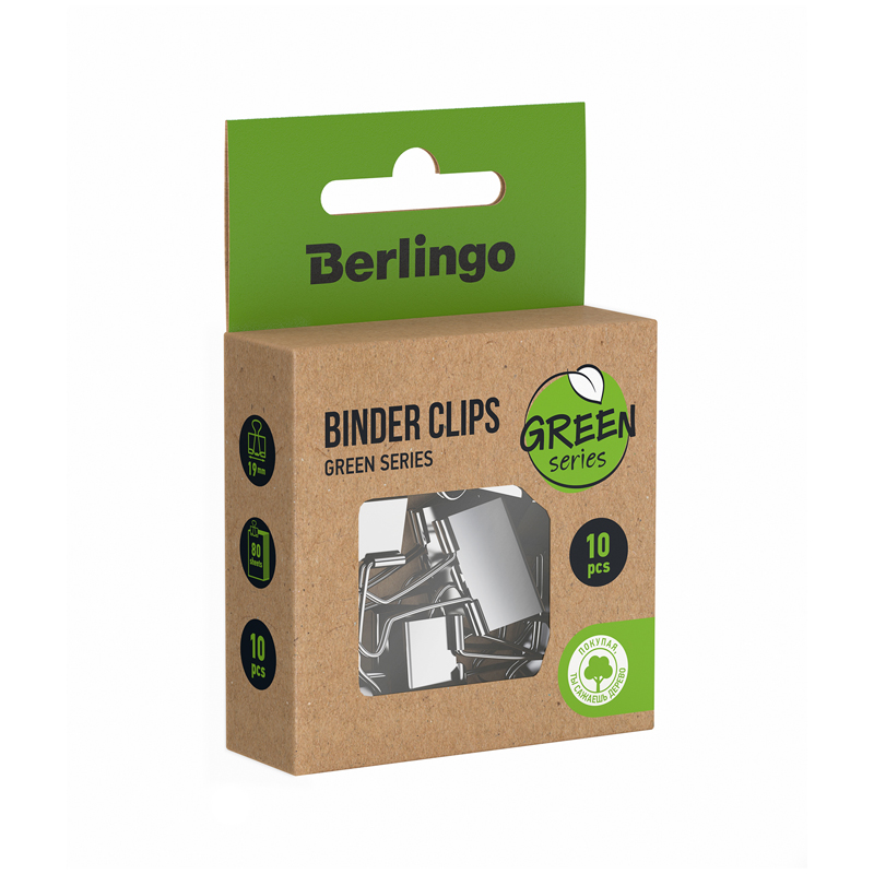 Зажимы для бумаг 19мм, Berlingo Green Series, 10шт, крафт упак., европодвес