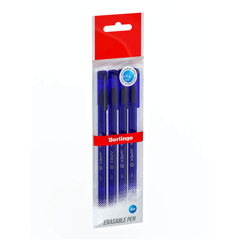 Ручка гелевая стираемая Berlingo Apex E, синяя, 0,5мм, трехгранная, 4шт., пакет с ЕП