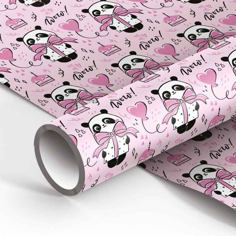 Упаковочная бумага глянц. 70*100см, MESHU PandaGift_Pink, 90г/м2