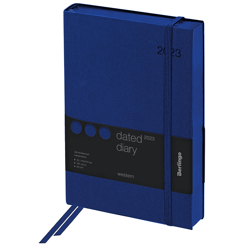 Ежедневник датированный 2023г., А5, 184л., кожзам, Berlingo Western, синий, с резинкой