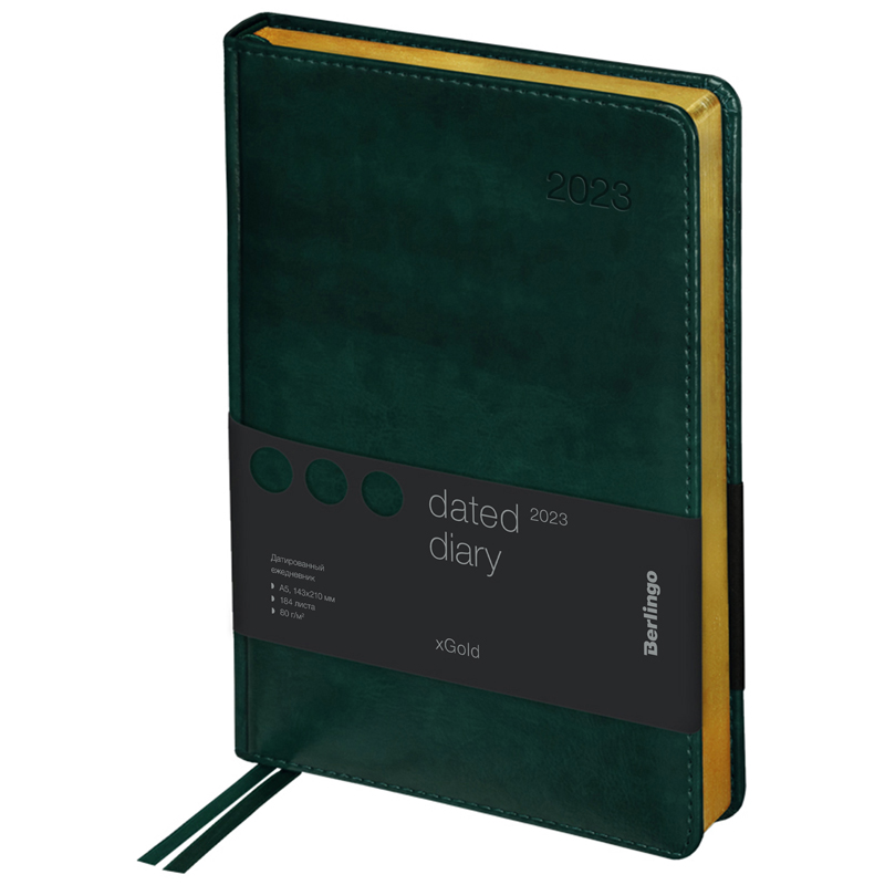 Ежедневник датированный 2023г., А5, 184л., кожзам, Berlingo xGold, зол. срез, зеленый