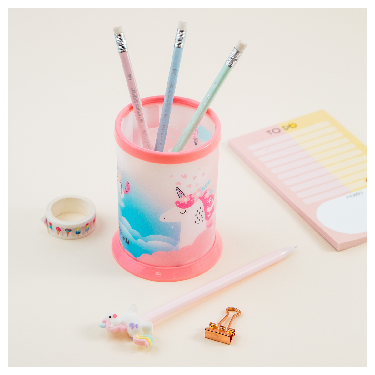 Подставка-стакан для канц. мелочей розовая MESHU Unicorn пластиковая