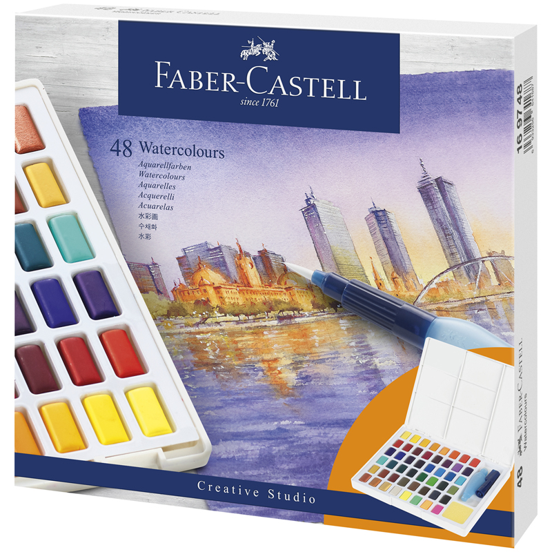 Акварель художественная Faber-Castell Watercolours, 48цв., кюветы, + кисть Water Brush+ съемная палитра, пластиковая упаковка