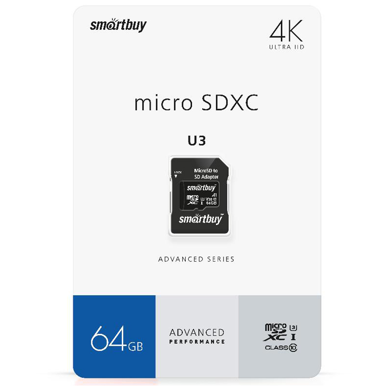 Карта памяти SmartBuy MicroSDXC 64GB PRO U3 Advanced, Class 10, скорость чтения 90Мб/сек (с адаптером SD)