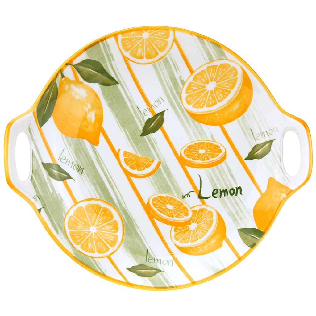 "Лимон" Блюдо фарфоровое 237х208х45мм, с ручками, с деколью, отводка (Китай)